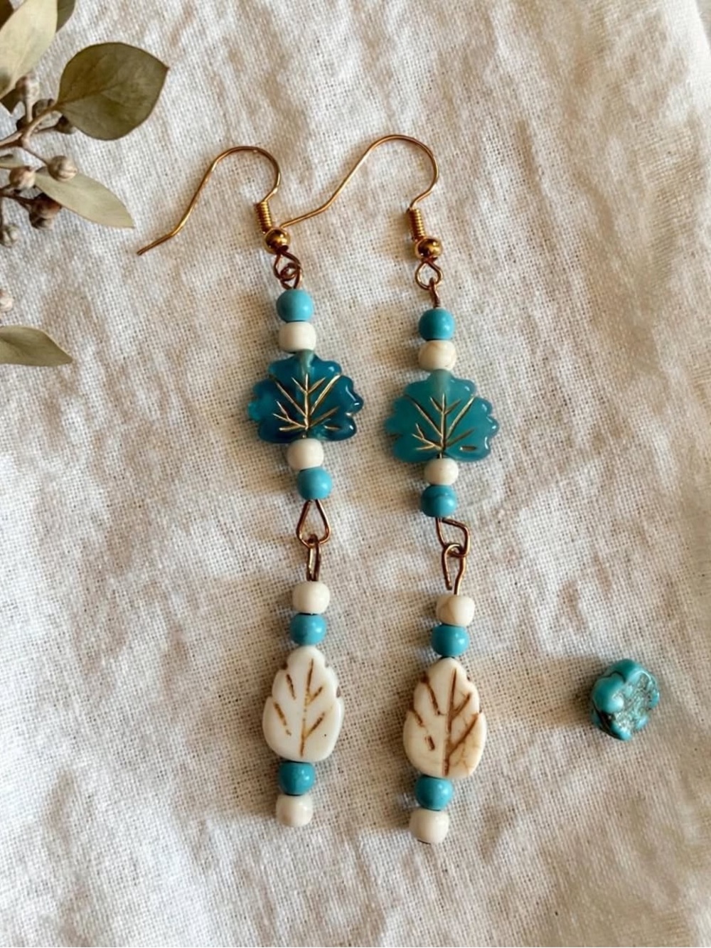 Handmade Turquoise Ivory Leaf Dangle Earrings Gold Tone
